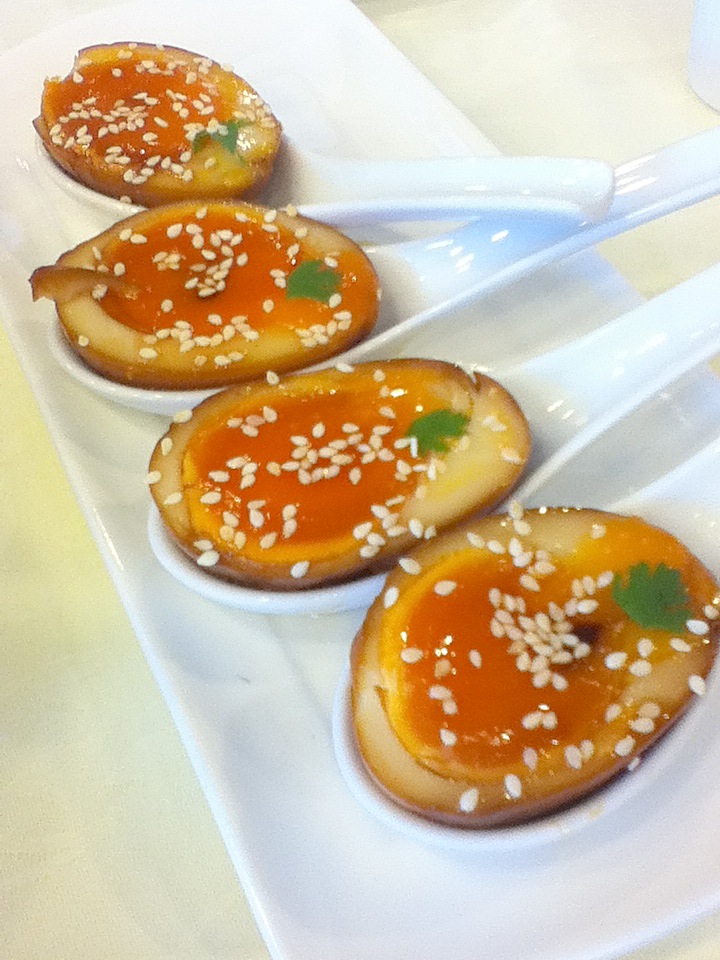 Tea-infused duck egg. Dim sum (yum cha) at Moon Koon Restaurant, Hong Kong Jockey Club - 24 Jun 2012