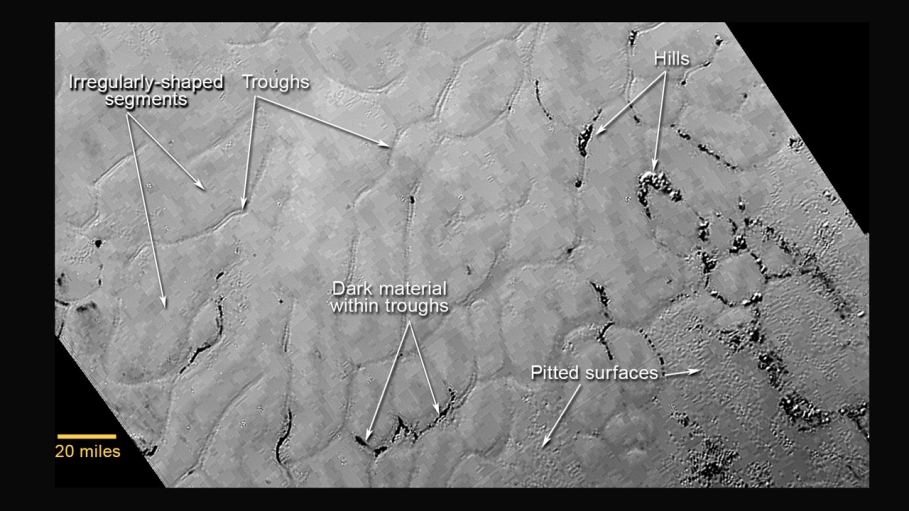 Frozen hydrocarbon plains in the heart, Sptunik Regio, Pluto, NASA New Horizons, http://pluto.jhuapl.edu/Multimedia/Science-Photos/image.php?page=2&gallery_id=2&image_id=240